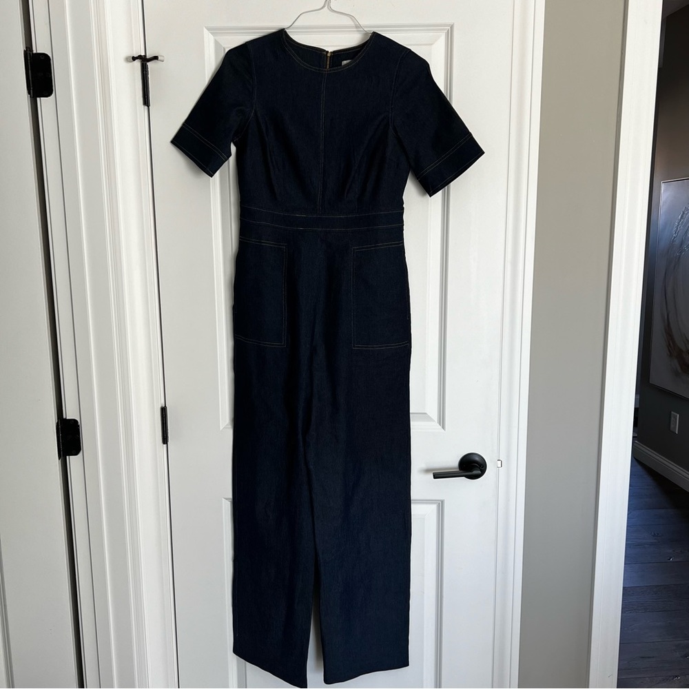 Shelby & Palmer Navy Short-Sleeve Jumpsuit with Contrast Stitching